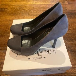 Yves Saint Laurent Rive Gauche Patent Grey/Suede Tribtoo Cap Pumps US 36.5